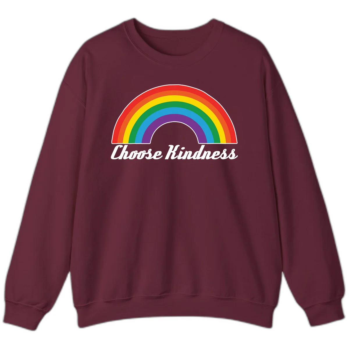 Colorful rainbow arc with 'Choose Kindness' text, promoting inclusivity and compassion in Maroon