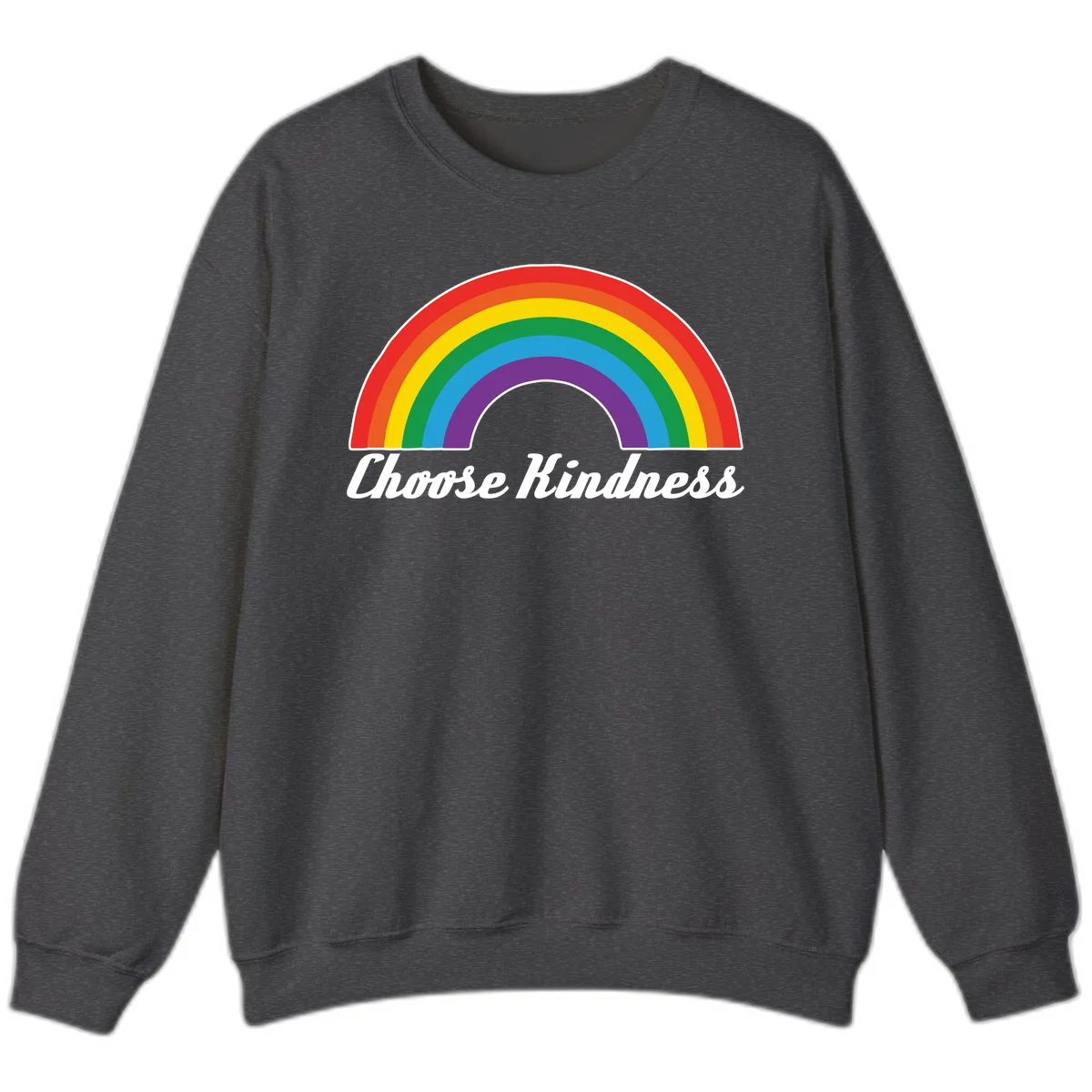 Colorful rainbow arc with 'Choose Kindness' text, promoting inclusivity and compassion in Dark Heather