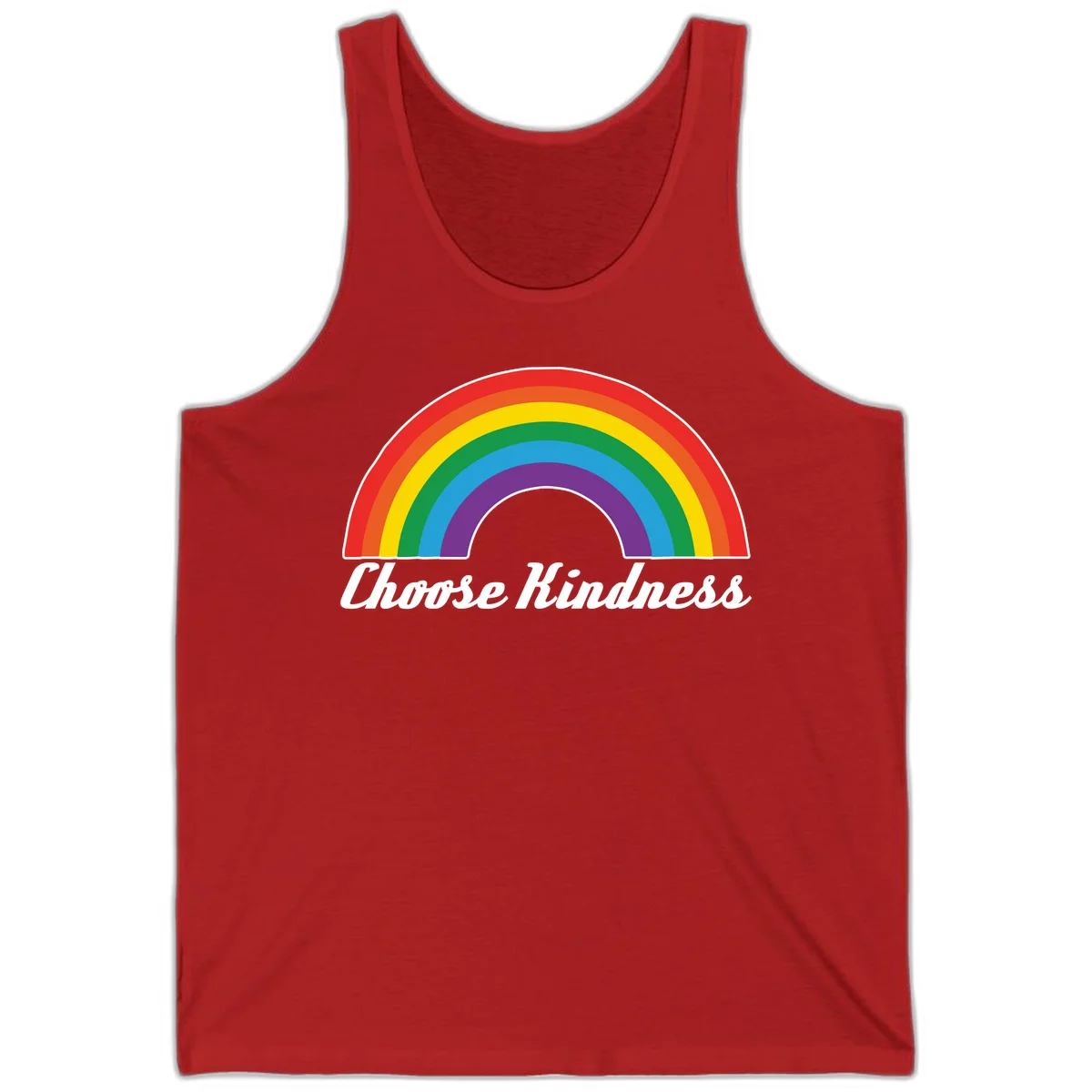 Colorful rainbow arc with 'Choose Kindness' text, promoting inclusivity and compassion in Red