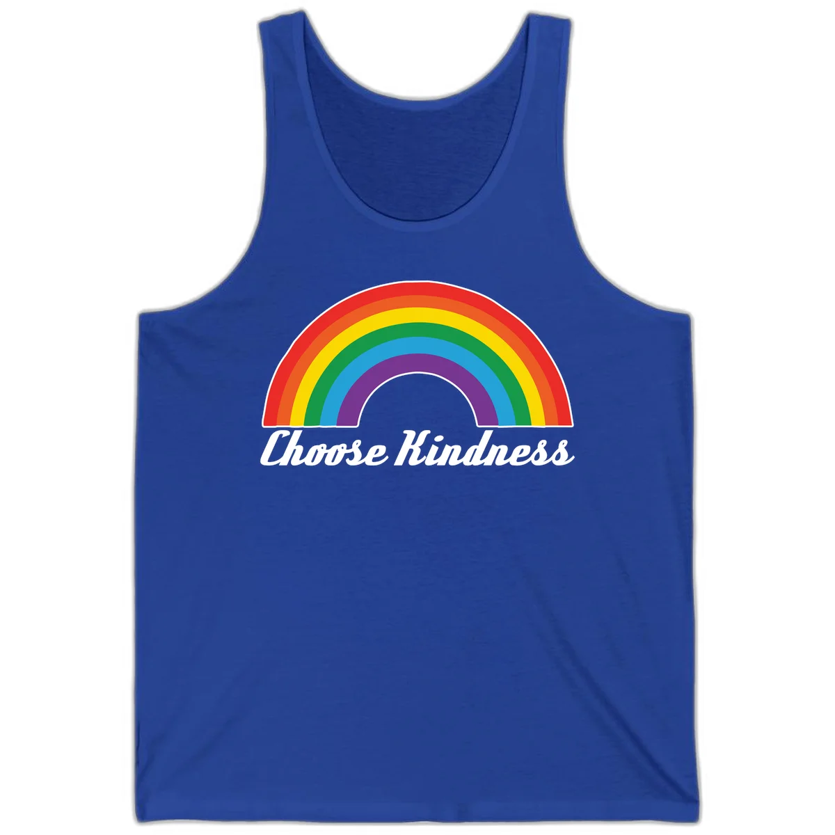 Colorful rainbow arc with 'Choose Kindness' text, promoting inclusivity and compassion in True Royal