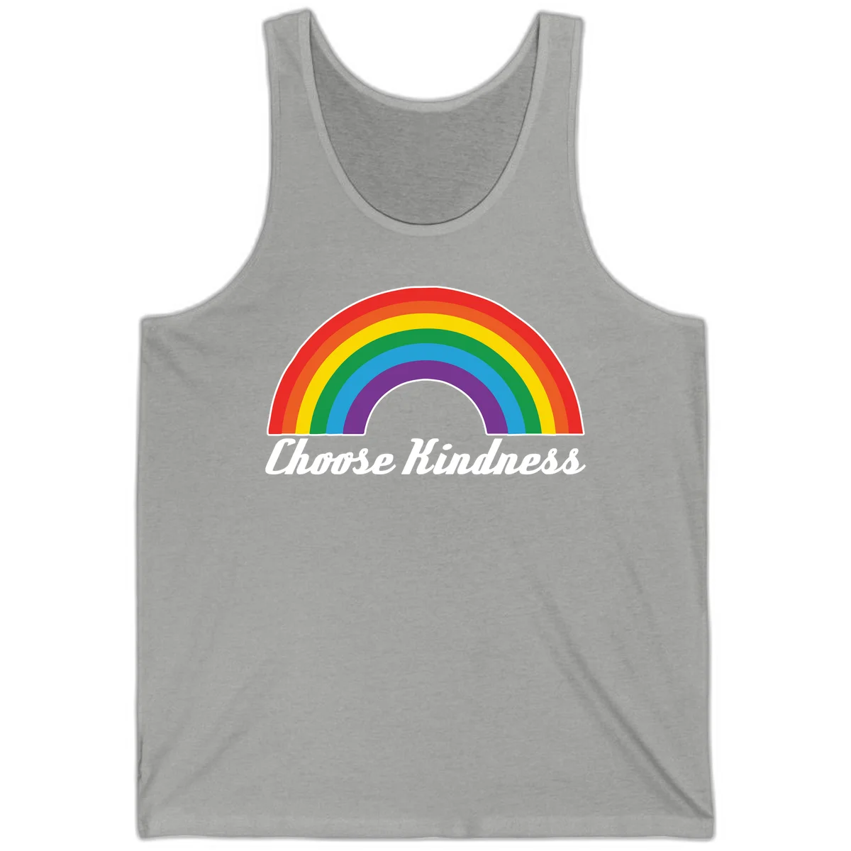 Colorful rainbow arc with 'Choose Kindness' text, promoting inclusivity and compassion in Athletic Heather