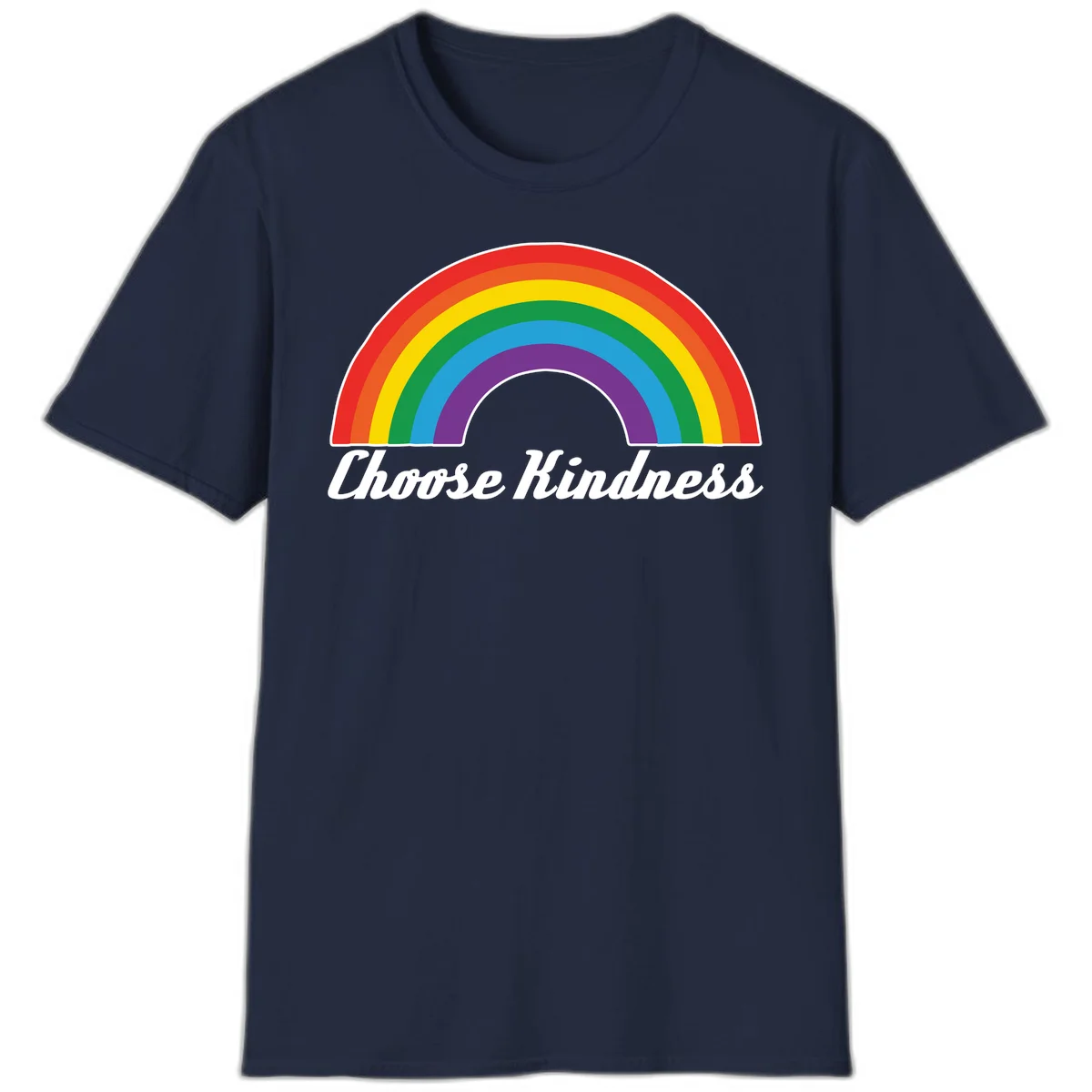 Colorful rainbow arc with 'Choose Kindness' text, promoting inclusivity and compassion in Navy