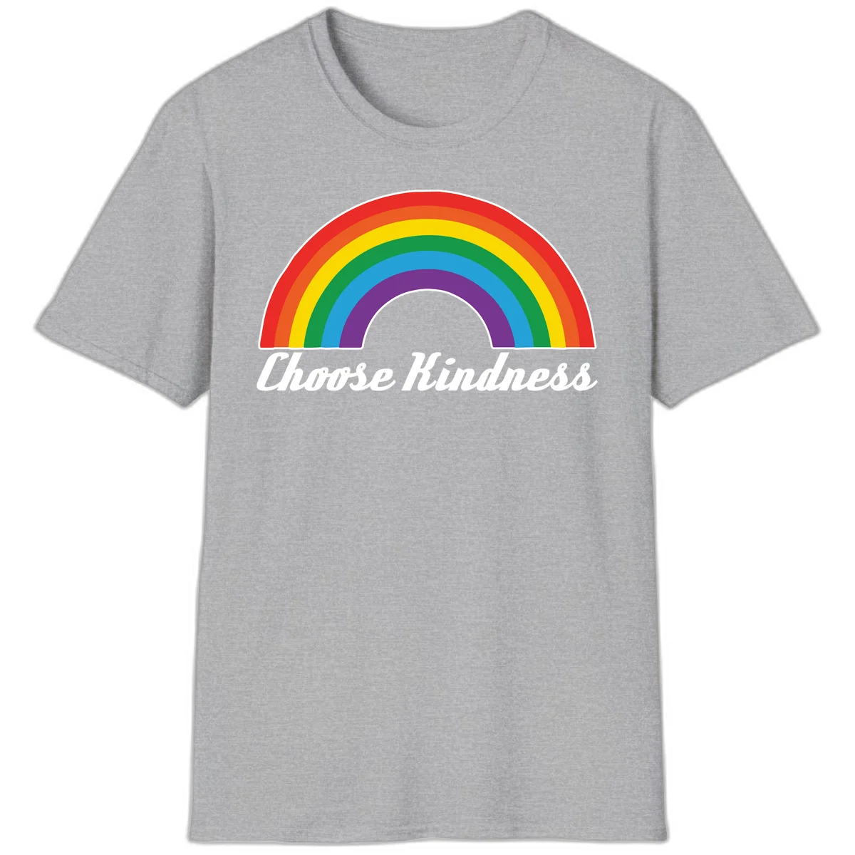 Colorful rainbow arc with 'Choose Kindness' text, promoting inclusivity and compassion in Sport Grey