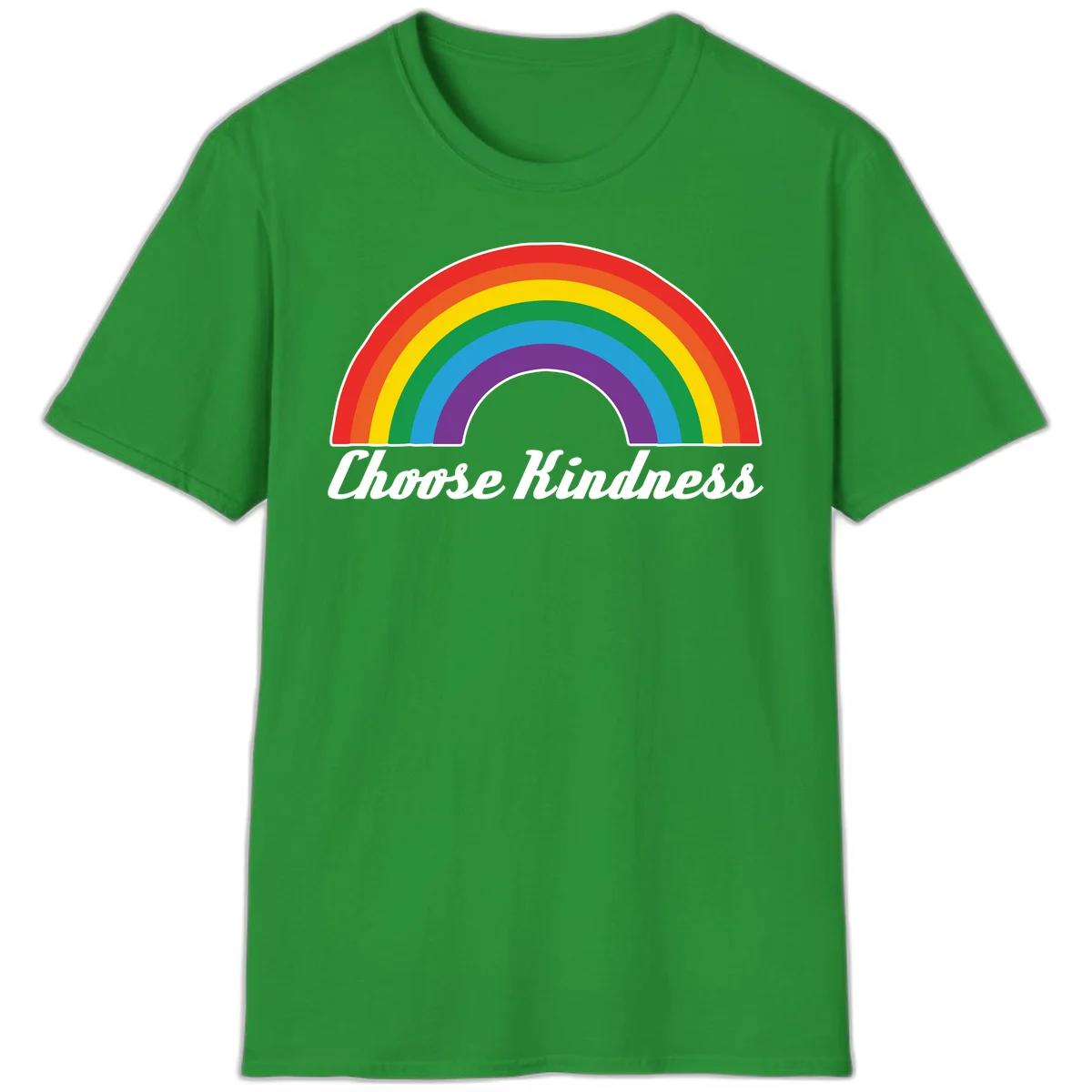Colorful rainbow arc with 'Choose Kindness' text, promoting inclusivity and compassion in Irish Green