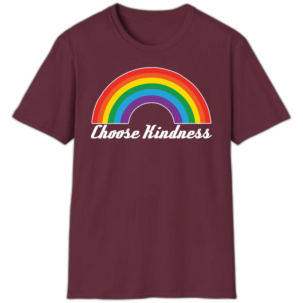 Colorful rainbow arc with 'Choose Kindness' text, promoting inclusivity and compassion in Maroon