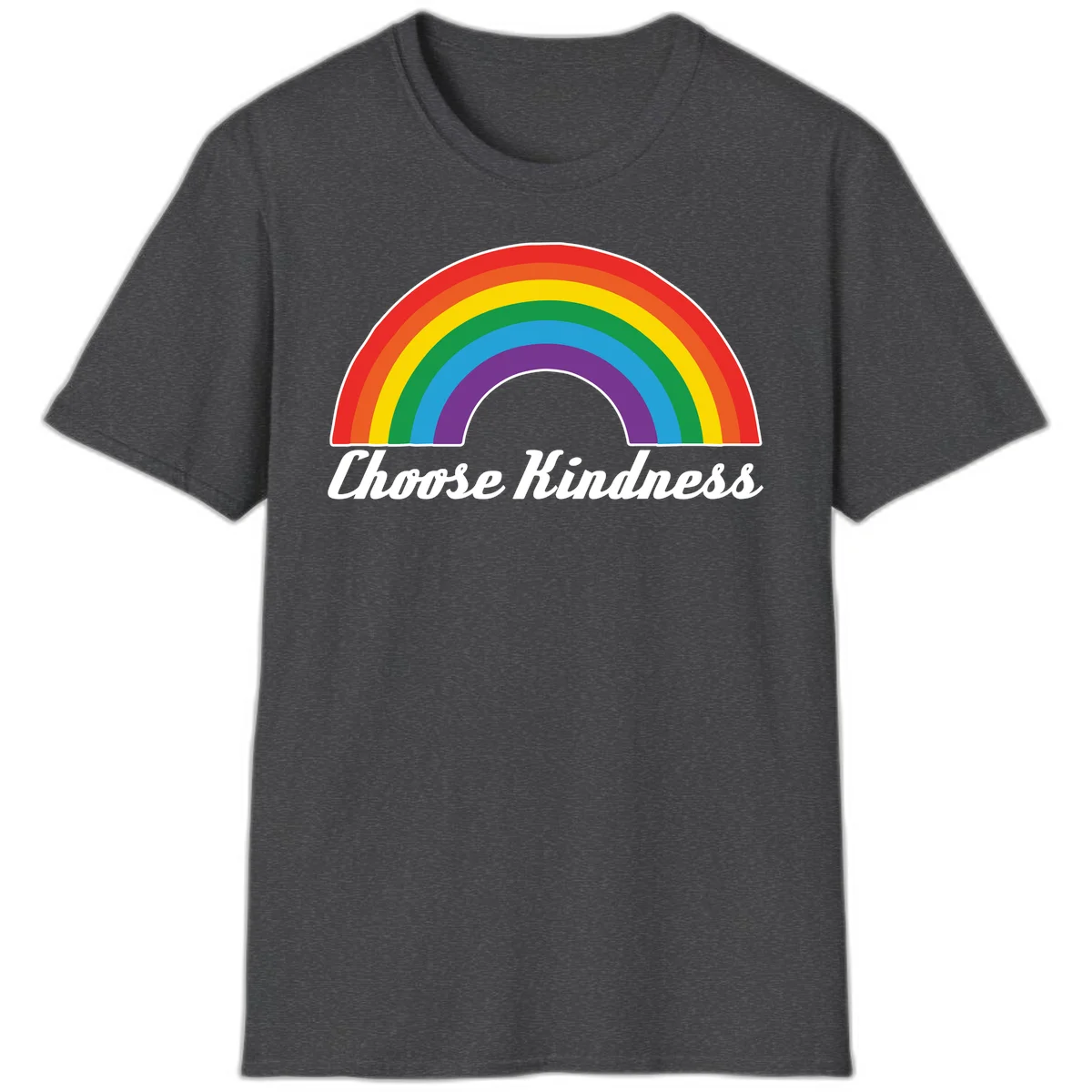 Colorful rainbow arc with 'Choose Kindness' text, promoting inclusivity and compassion in Dark Heather