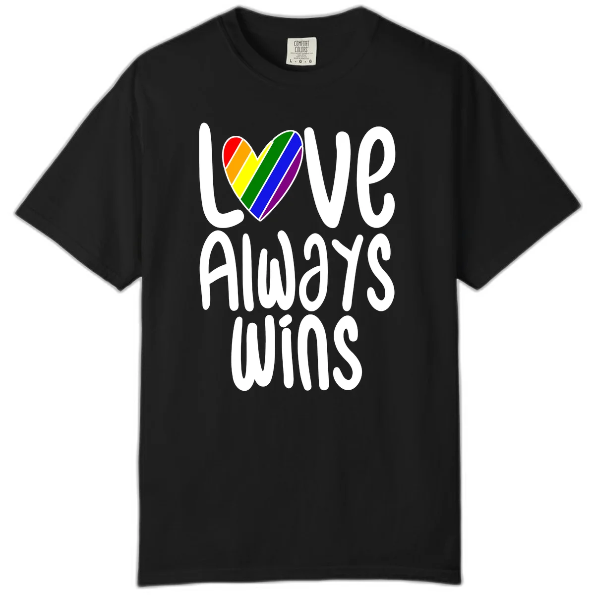 Rainbow striped heart with 'Love Always Wins' text - pride-themed design celebrating equality and LGBTQ inclusion in Black