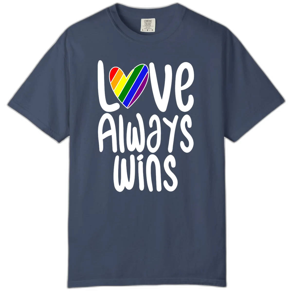 Rainbow striped heart with 'Love Always Wins' text - pride-themed design celebrating equality and LGBTQ inclusion in Midnight