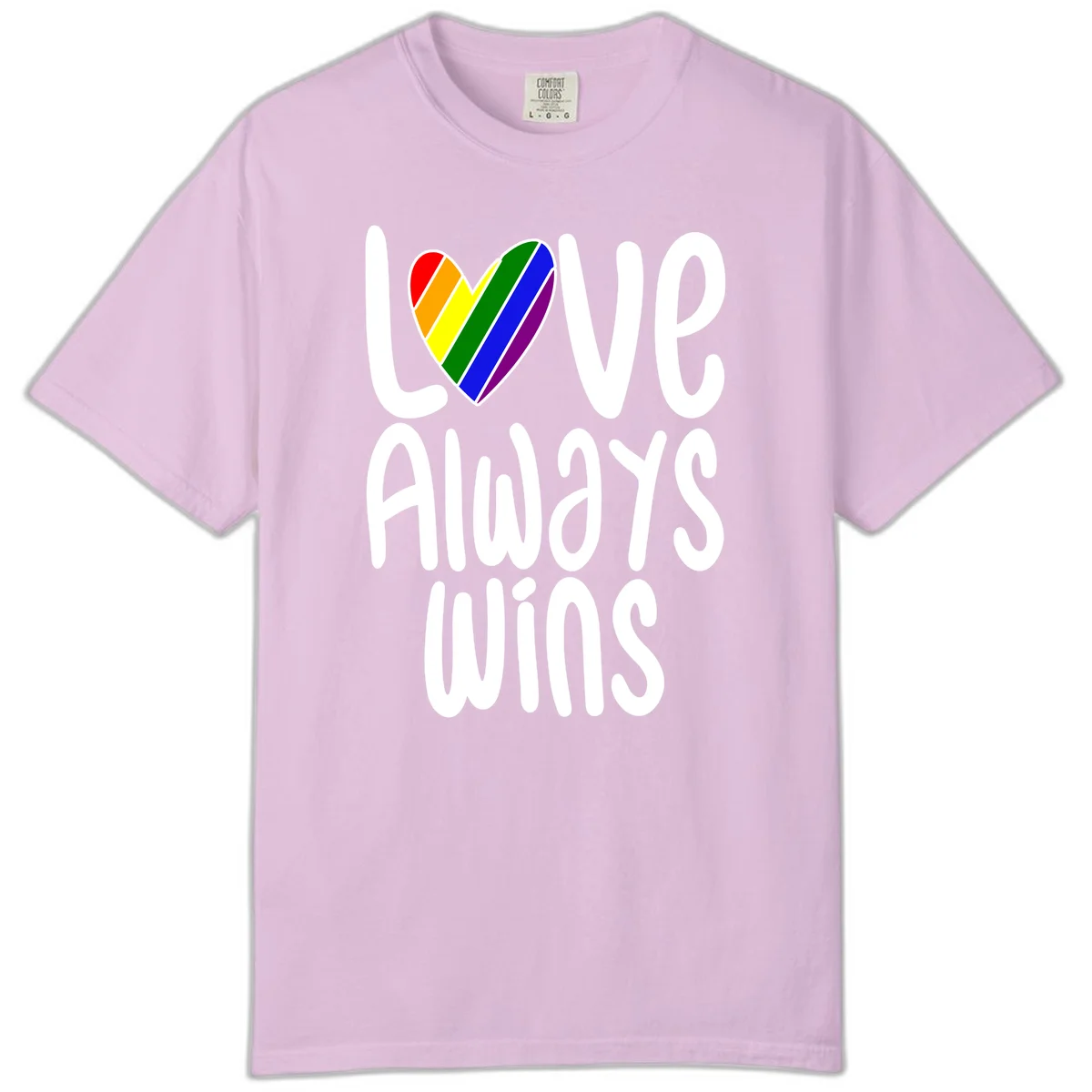 Rainbow striped heart with 'Love Always Wins' text - pride-themed design celebrating equality and LGBTQ inclusion in Orchid