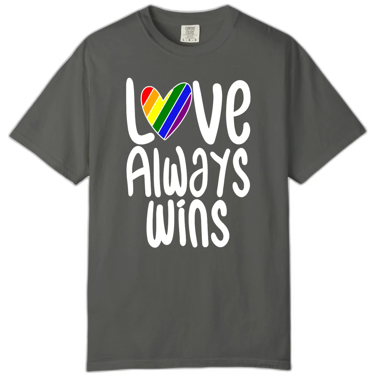 Rainbow striped heart with 'Love Always Wins' text - pride-themed design celebrating equality and LGBTQ inclusion in Pepper