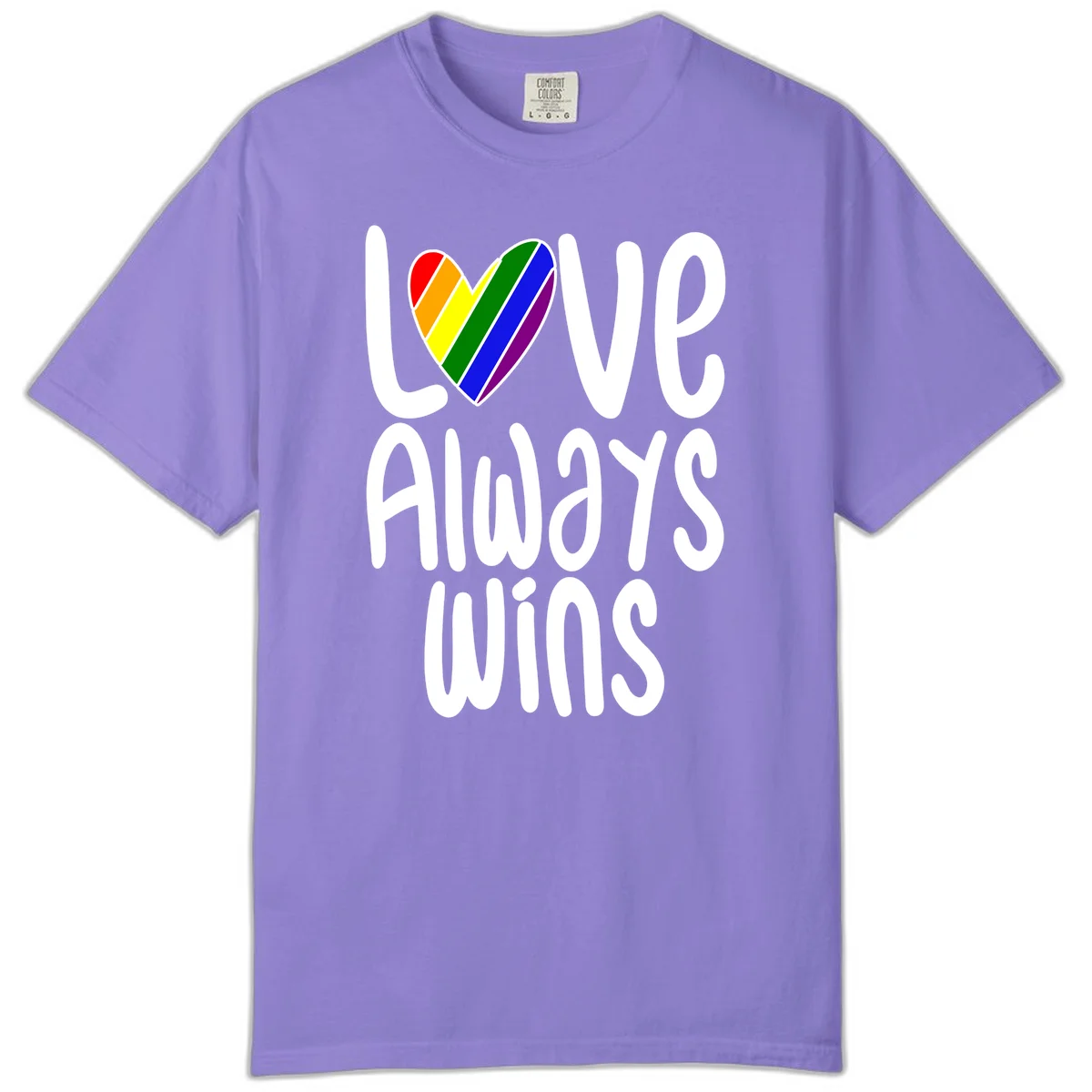 Rainbow striped heart with 'Love Always Wins' text - pride-themed design celebrating equality and LGBTQ inclusion in Violet