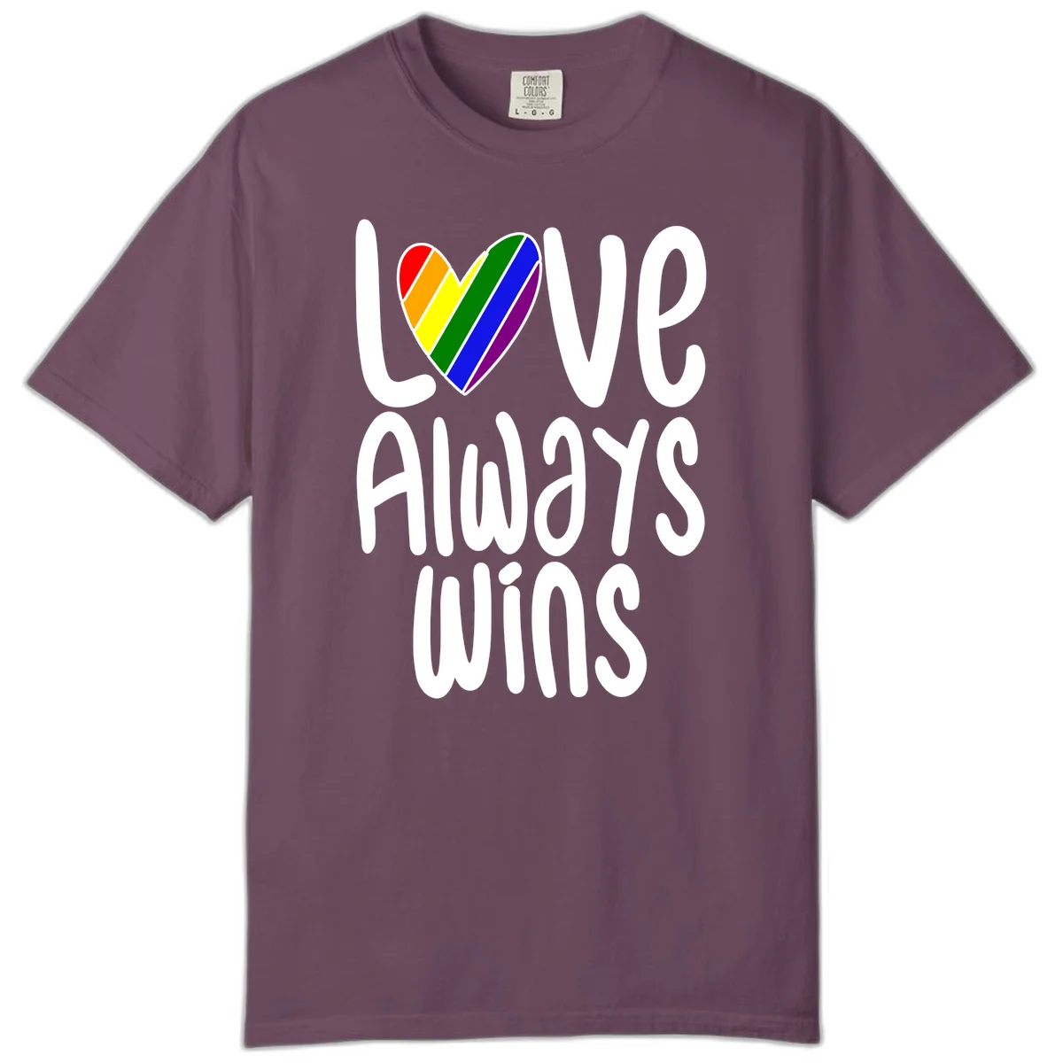 Rainbow striped heart with 'Love Always Wins' text - pride-themed design celebrating equality and LGBTQ inclusion in Berry
