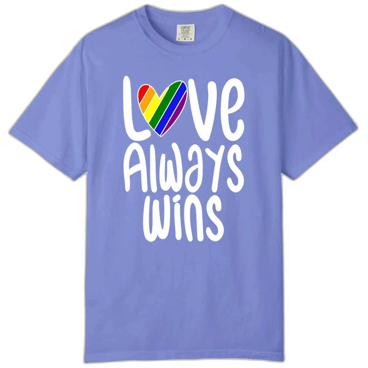 Rainbow striped heart with 'Love Always Wins' text - pride-themed design celebrating equality and LGBTQ inclusion in Flo Blue
