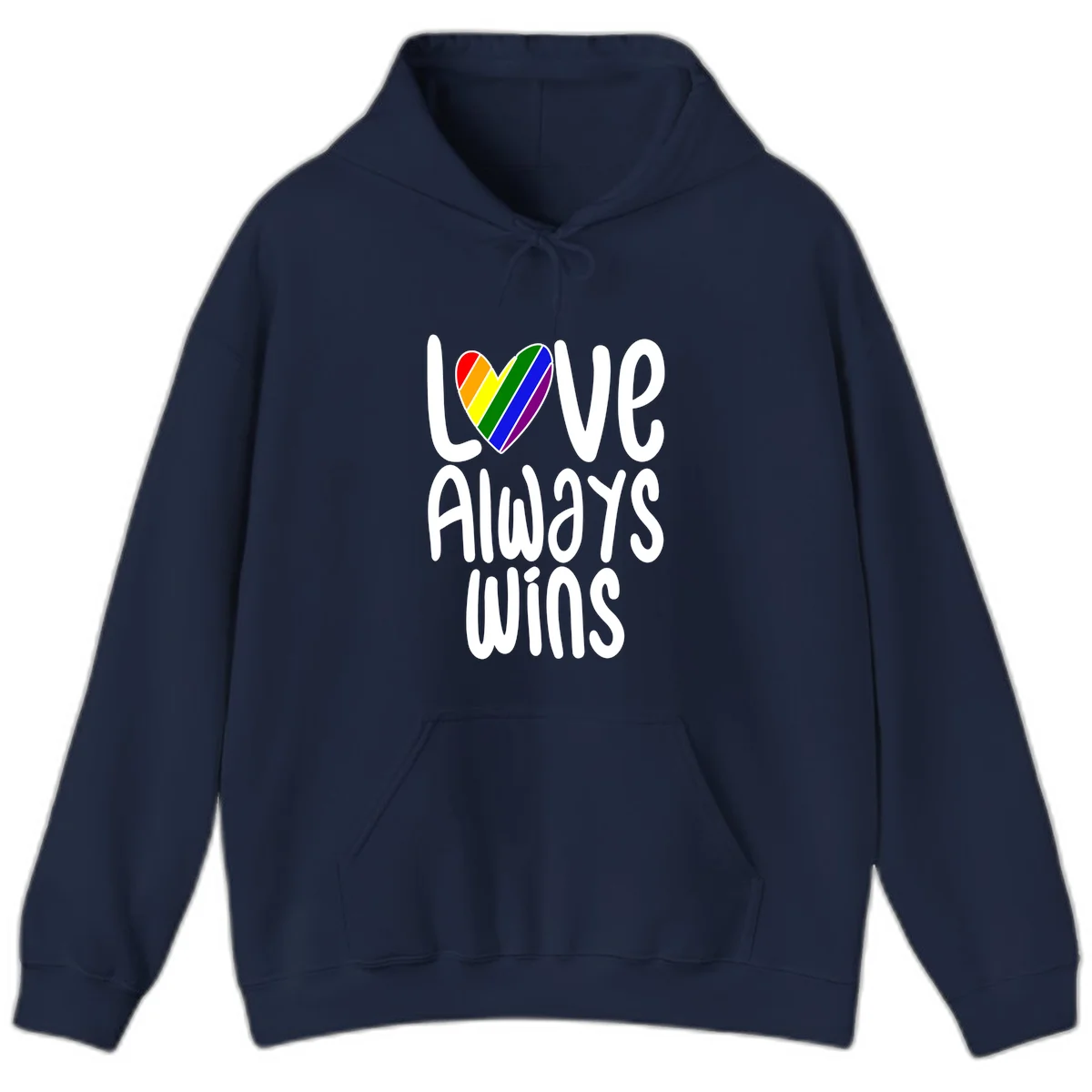 Rainbow striped heart with 'Love Always Wins' text - pride-themed design celebrating equality and LGBTQ inclusion in Navy