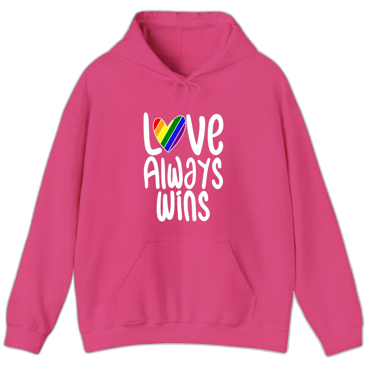 Rainbow striped heart with 'Love Always Wins' text - pride-themed design celebrating equality and LGBTQ inclusion in Heliconia