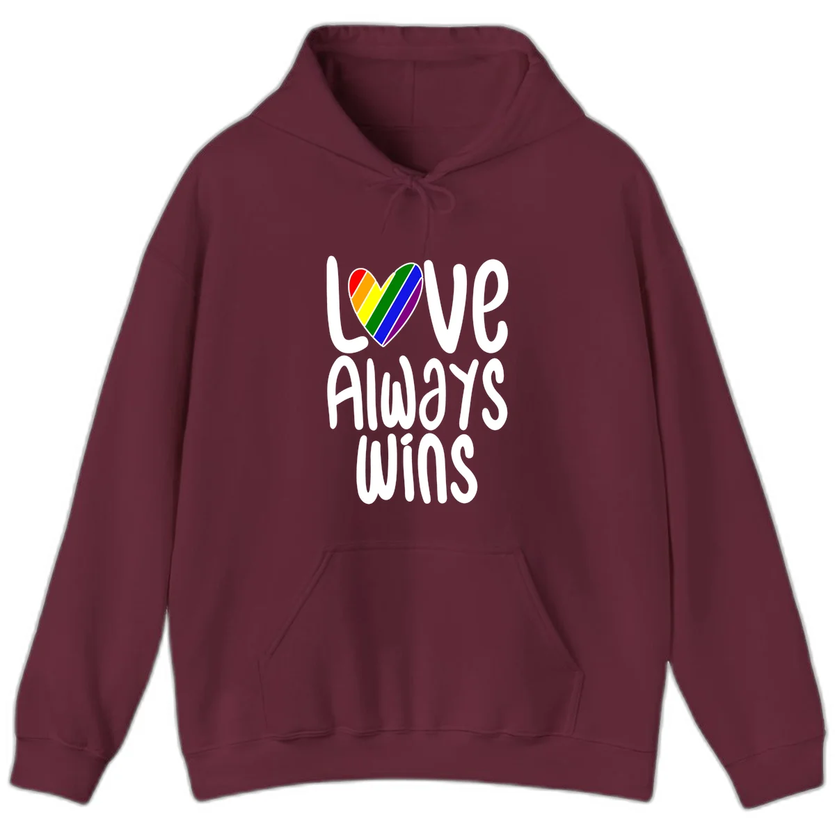 Rainbow striped heart with 'Love Always Wins' text - pride-themed design celebrating equality and LGBTQ inclusion in Maroon