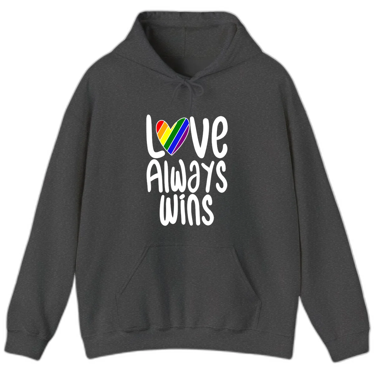 Rainbow striped heart with 'Love Always Wins' text - pride-themed design celebrating equality and LGBTQ inclusion in Dark Heather