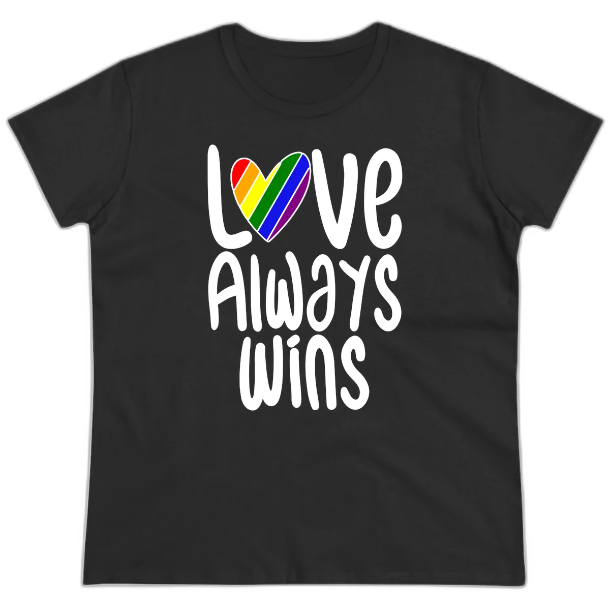 Rainbow striped heart with 'Love Always Wins' text - pride-themed design celebrating equality and LGBTQ inclusion in Black