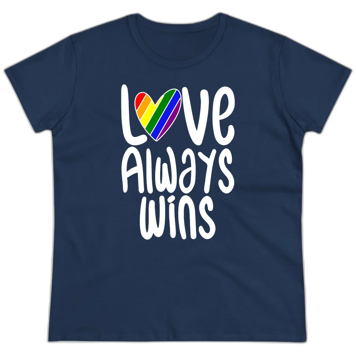 Rainbow striped heart with 'Love Always Wins' text - pride-themed design celebrating equality and LGBTQ inclusion in Navy