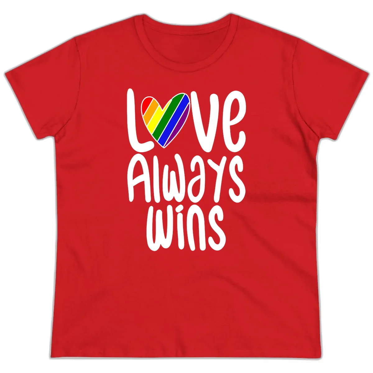 Rainbow striped heart with 'Love Always Wins' text - pride-themed design celebrating equality and LGBTQ inclusion in Red