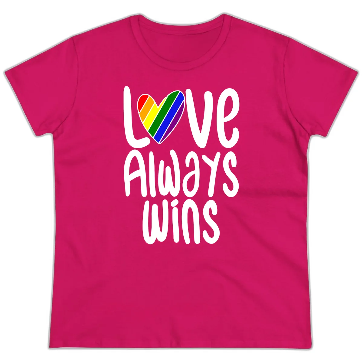 Rainbow striped heart with 'Love Always Wins' text - pride-themed design celebrating equality and LGBTQ inclusion in Heliconia