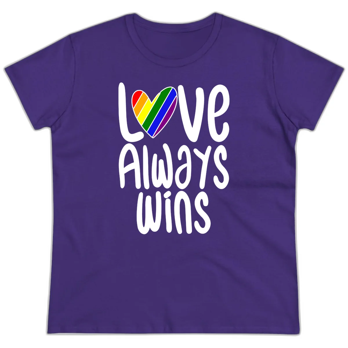Rainbow striped heart with 'Love Always Wins' text - pride-themed design celebrating equality and LGBTQ inclusion in Purple
