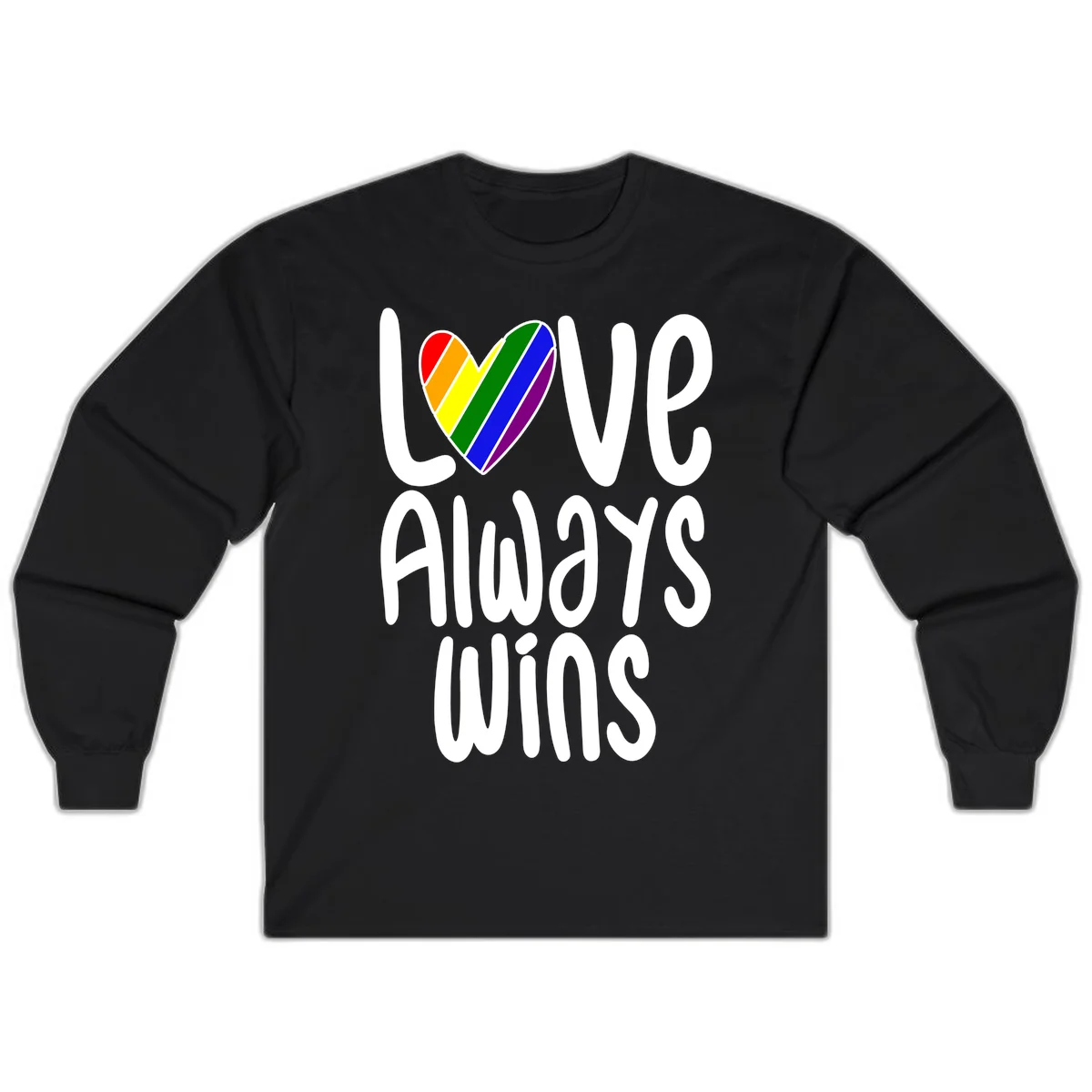 Rainbow striped heart with 'Love Always Wins' text - pride-themed design celebrating equality and LGBTQ inclusion in Black