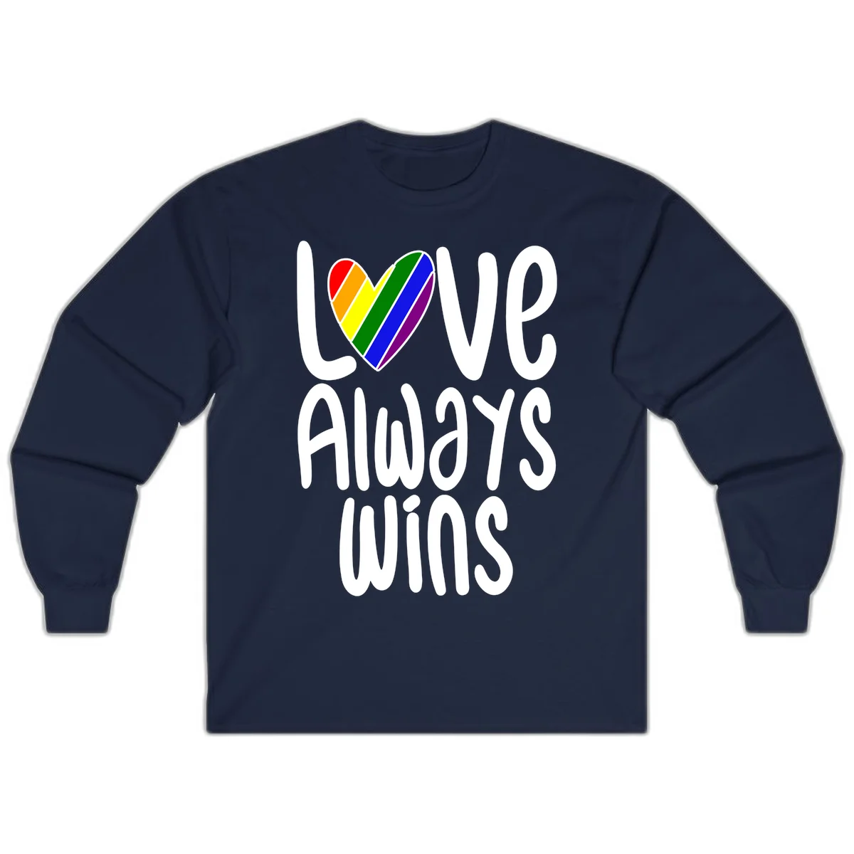 Rainbow striped heart with 'Love Always Wins' text - pride-themed design celebrating equality and LGBTQ inclusion in Navy