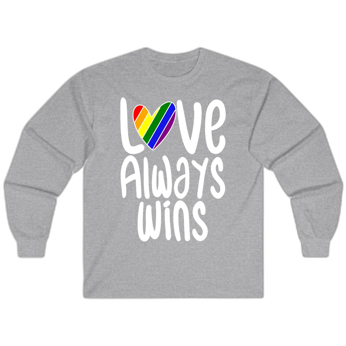 Rainbow striped heart with 'Love Always Wins' text - pride-themed design celebrating equality and LGBTQ inclusion in Sport Grey