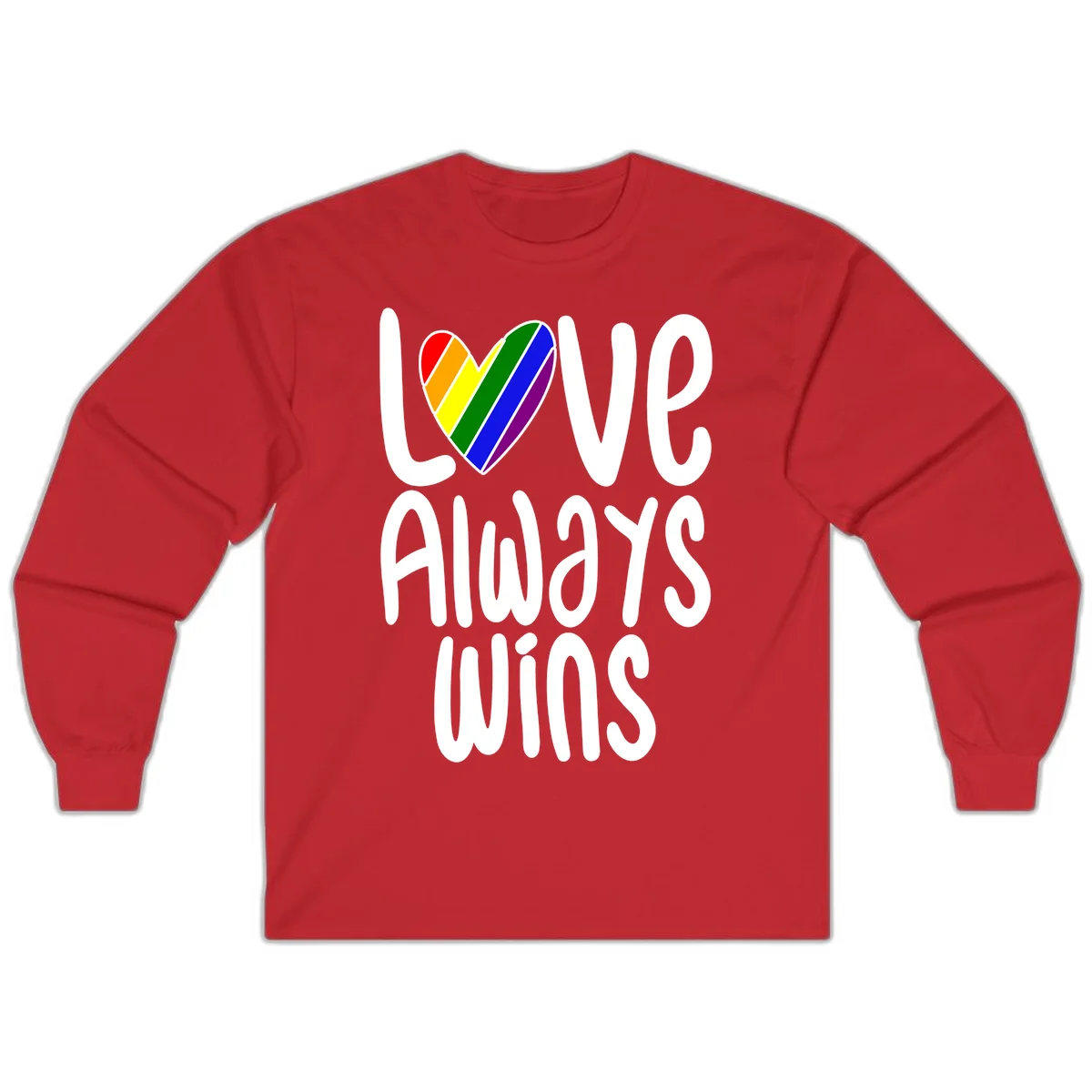 Rainbow striped heart with 'Love Always Wins' text - pride-themed design celebrating equality and LGBTQ inclusion in Red