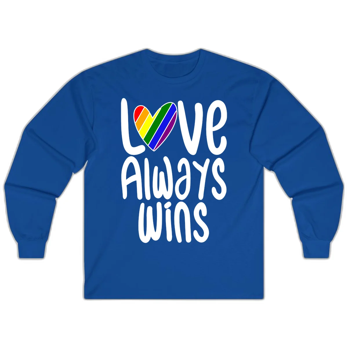 Rainbow striped heart with 'Love Always Wins' text - pride-themed design celebrating equality and LGBTQ inclusion in Royal