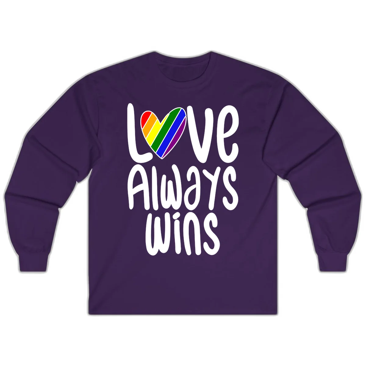 Rainbow striped heart with 'Love Always Wins' text - pride-themed design celebrating equality and LGBTQ inclusion in Purple