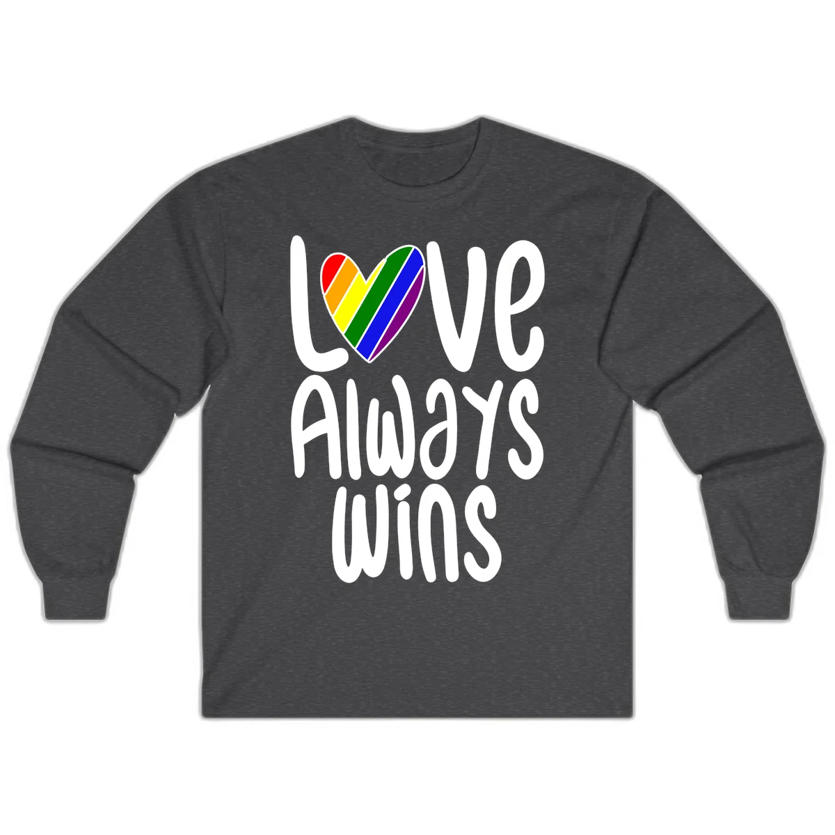 Rainbow striped heart with 'Love Always Wins' text - pride-themed design celebrating equality and LGBTQ inclusion in Dark Heather