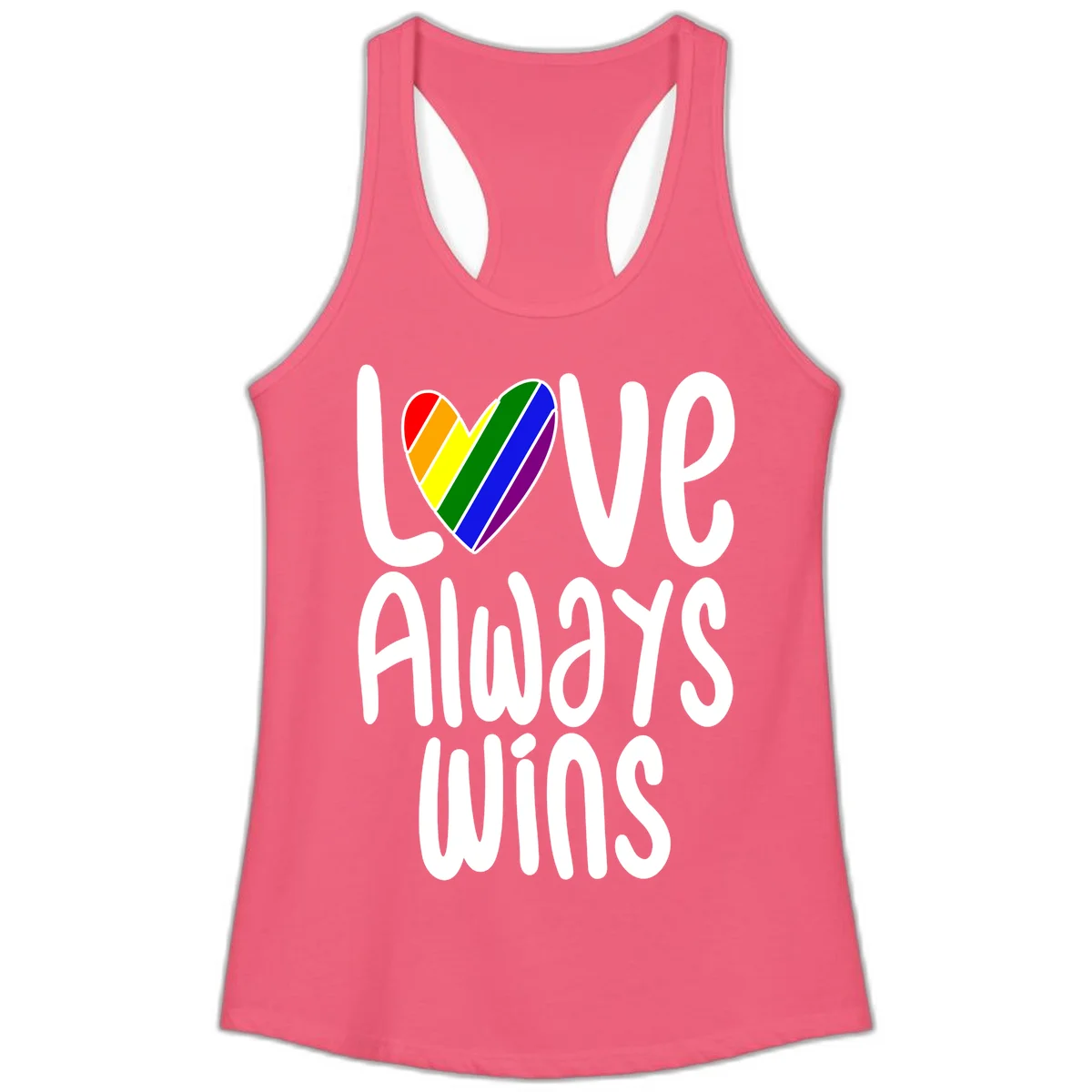 Rainbow striped heart with 'Love Always Wins' text - pride-themed design celebrating equality and LGBTQ inclusion in Hot Pink