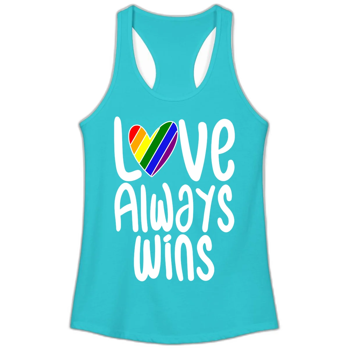 Rainbow striped heart with 'Love Always Wins' text - pride-themed design celebrating equality and LGBTQ inclusion in Solid Tahiti Blue