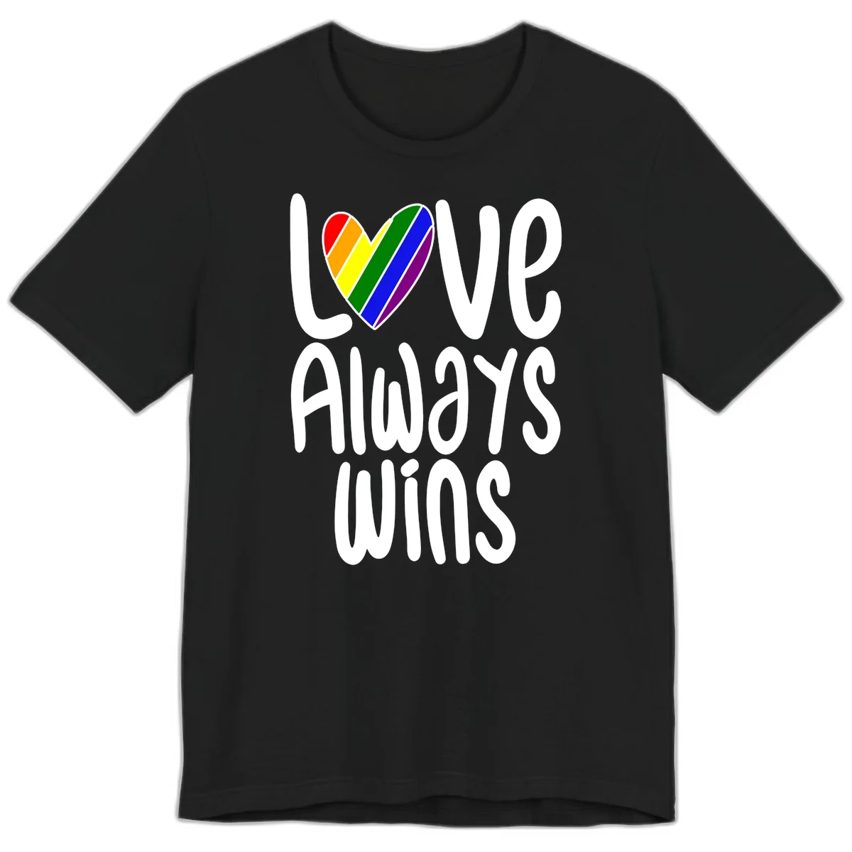 Rainbow striped heart with 'Love Always Wins' text - pride-themed design celebrating equality and LGBTQ inclusion in Black