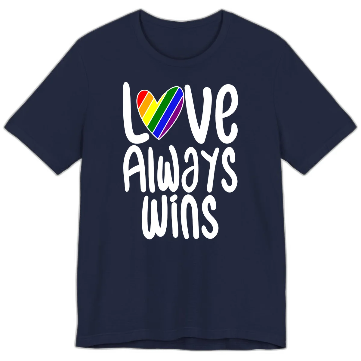 Rainbow striped heart with 'Love Always Wins' text - pride-themed design celebrating equality and LGBTQ inclusion in Navy