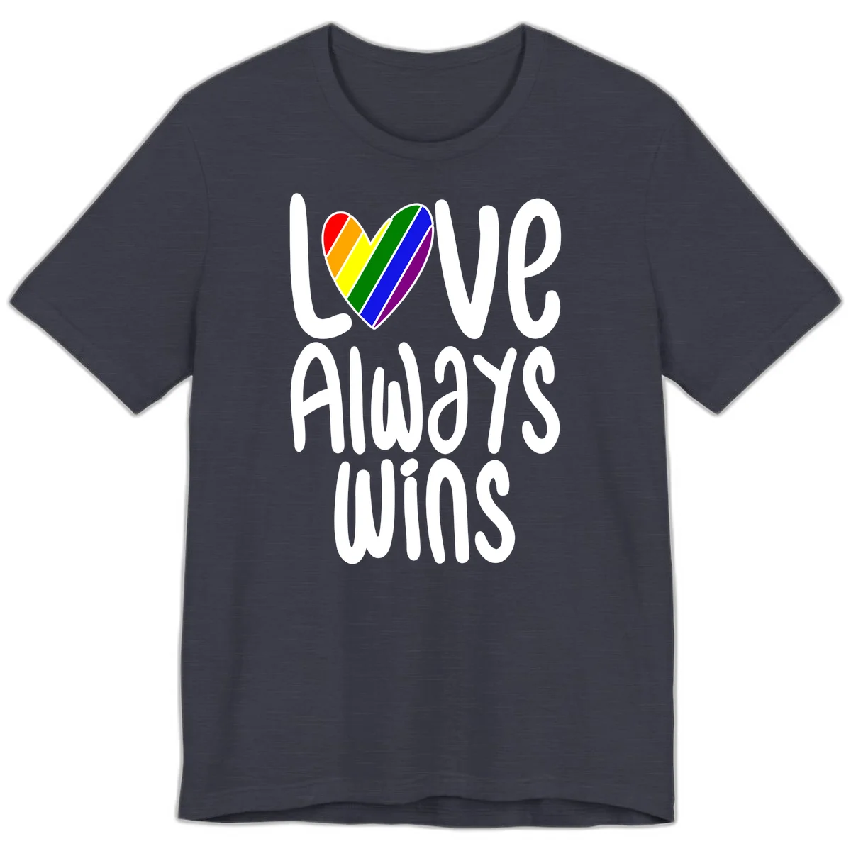 Rainbow striped heart with 'Love Always Wins' text - pride-themed design celebrating equality and LGBTQ inclusion in Heather Midnight Navy