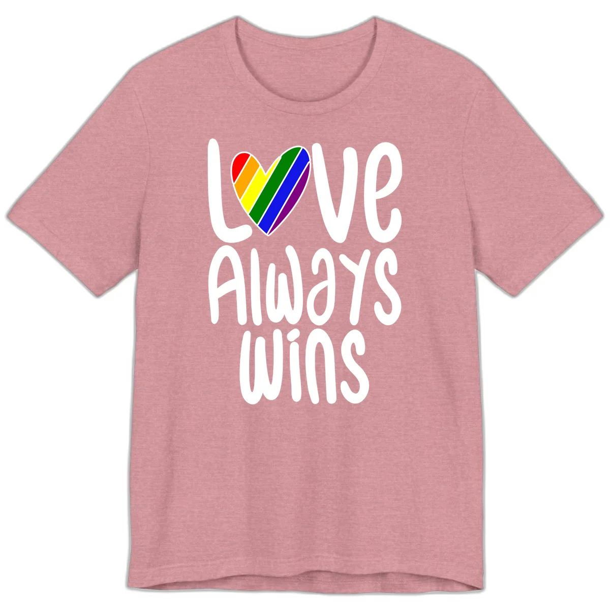 Rainbow striped heart with 'Love Always Wins' text - pride-themed design celebrating equality and LGBTQ inclusion in Heather Orchid