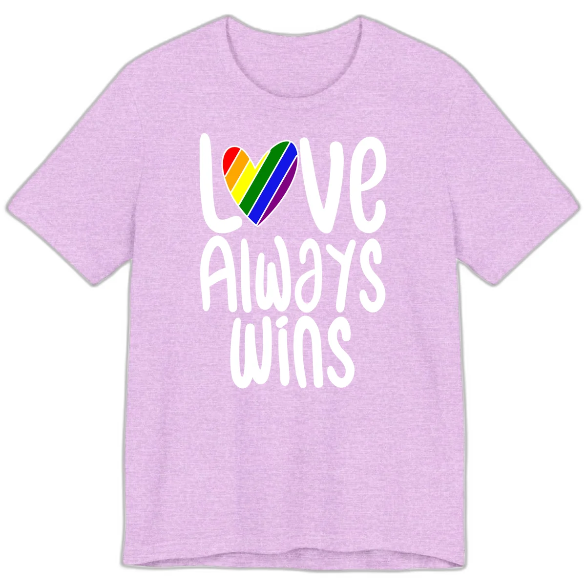Rainbow striped heart with 'Love Always Wins' text - pride-themed design celebrating equality and LGBTQ inclusion in Heather Prism Lilac