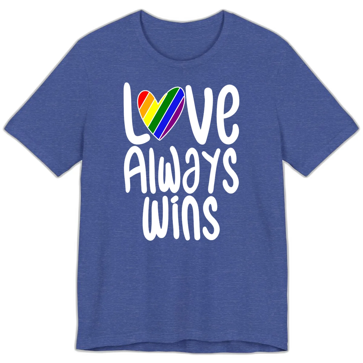 Rainbow striped heart with 'Love Always Wins' text - pride-themed design celebrating equality and LGBTQ inclusion in Heather True Royal