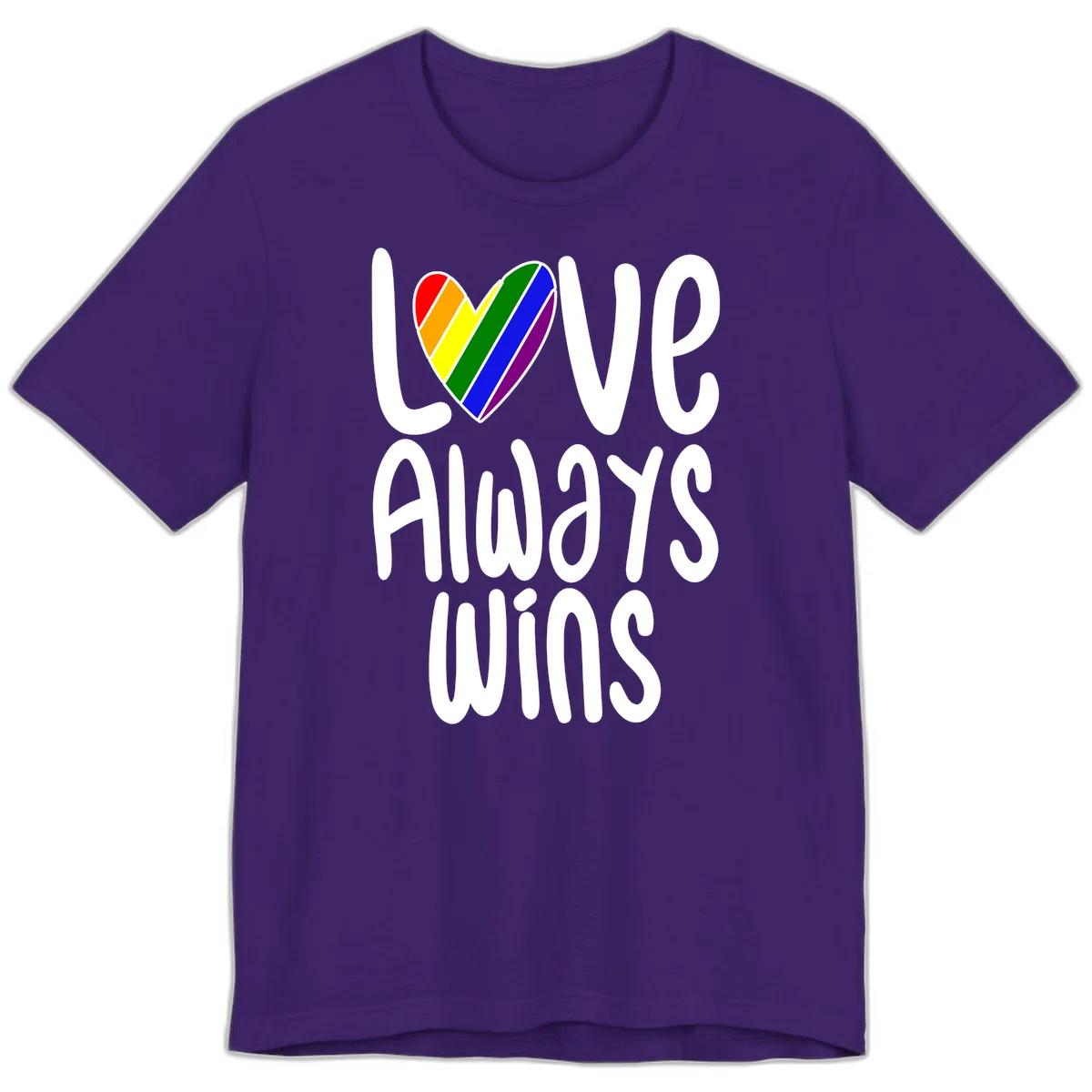 Rainbow striped heart with 'Love Always Wins' text - pride-themed design celebrating equality and LGBTQ inclusion in Team Purple