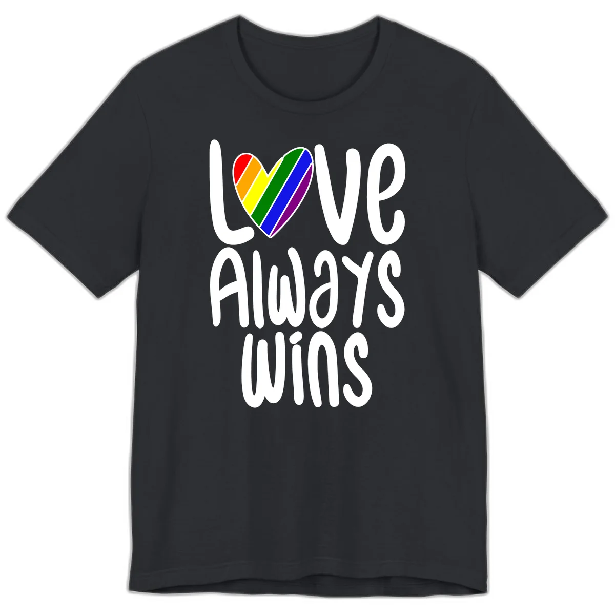 Rainbow striped heart with 'Love Always Wins' text - pride-themed design celebrating equality and LGBTQ inclusion in Vintage Black