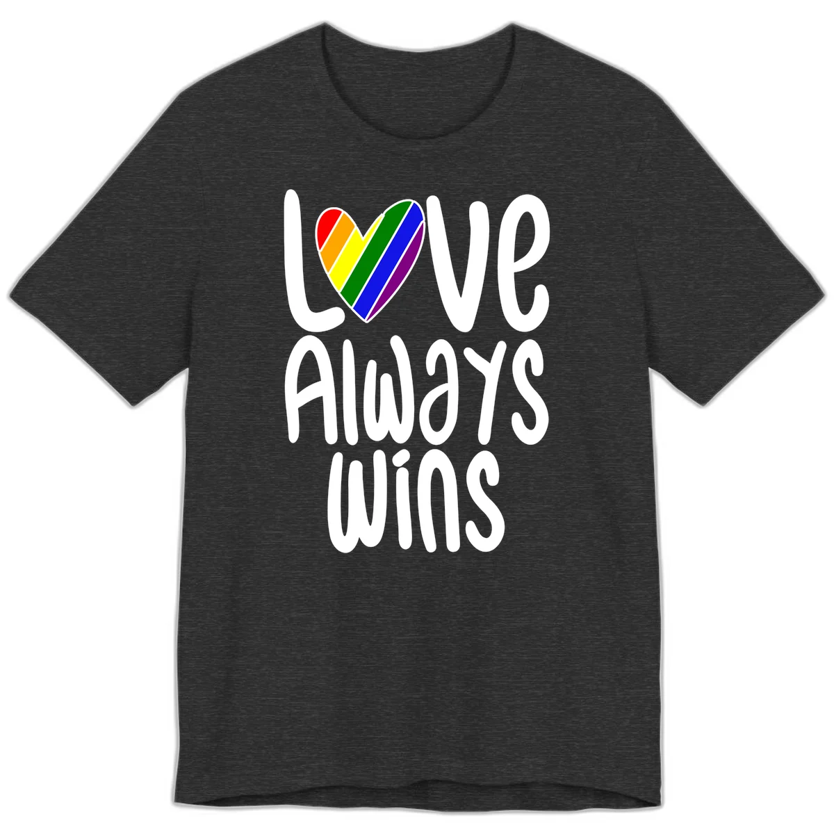 Rainbow striped heart with 'Love Always Wins' text - pride-themed design celebrating equality and LGBTQ inclusion in Dark Grey Heather