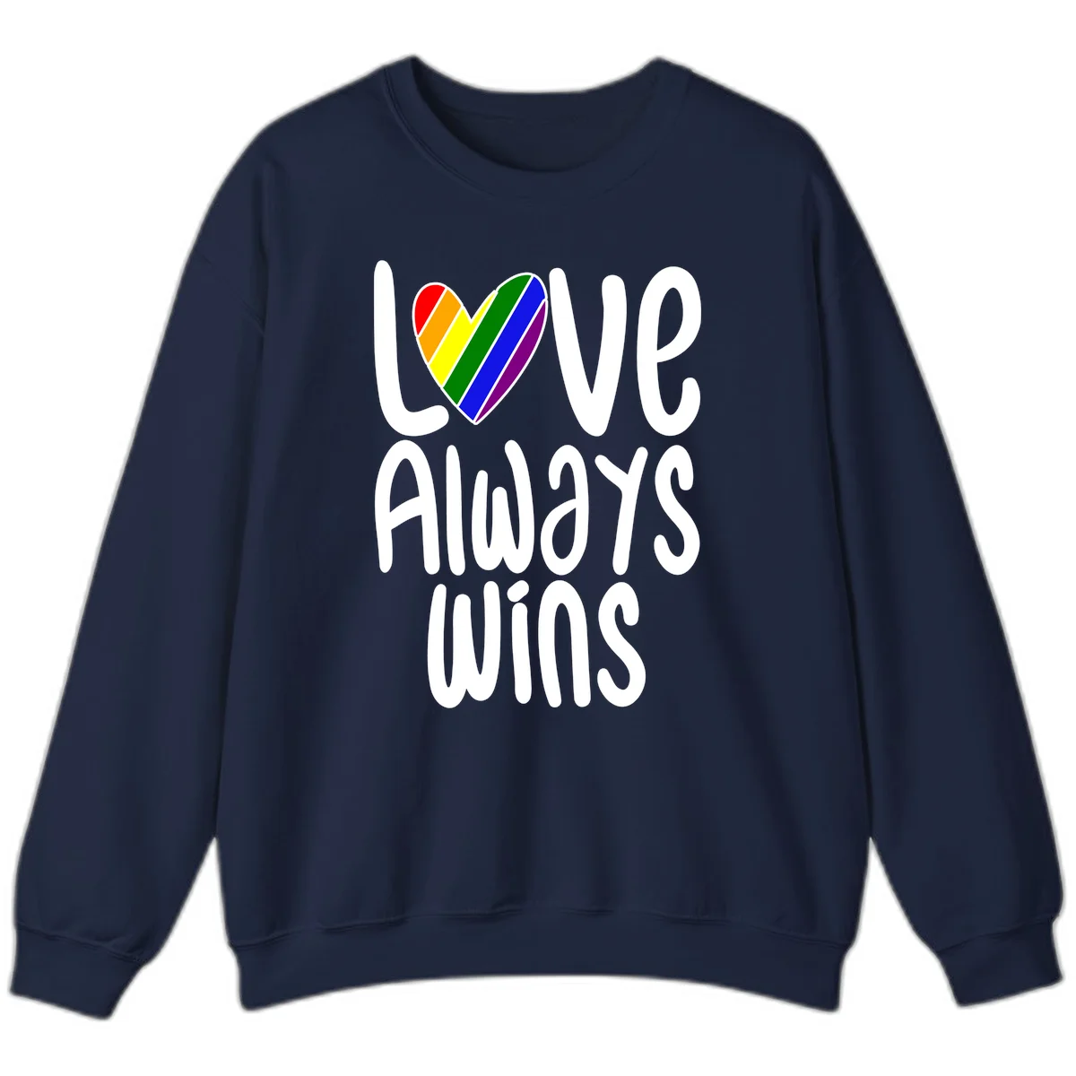 Rainbow striped heart with 'Love Always Wins' text - pride-themed design celebrating equality and LGBTQ inclusion in Navy