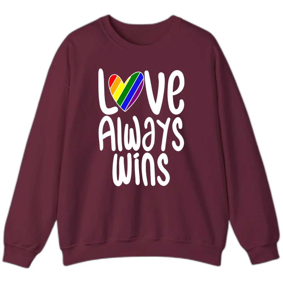 Rainbow striped heart with 'Love Always Wins' text - pride-themed design celebrating equality and LGBTQ inclusion in Maroon
