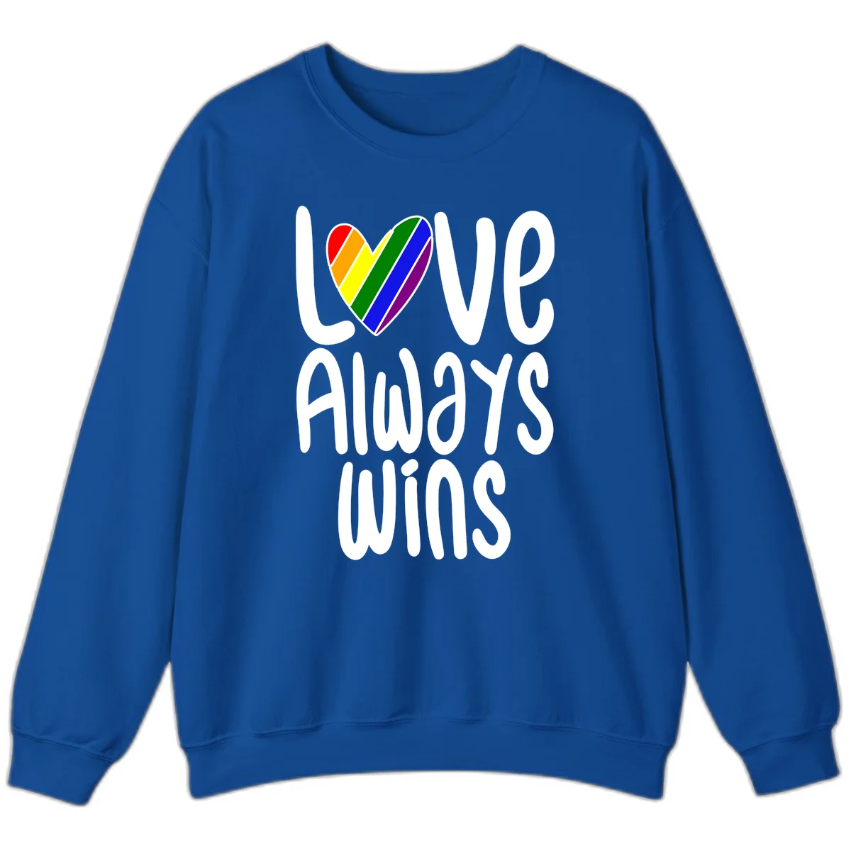 Rainbow striped heart with 'Love Always Wins' text - pride-themed design celebrating equality and LGBTQ inclusion in Royal