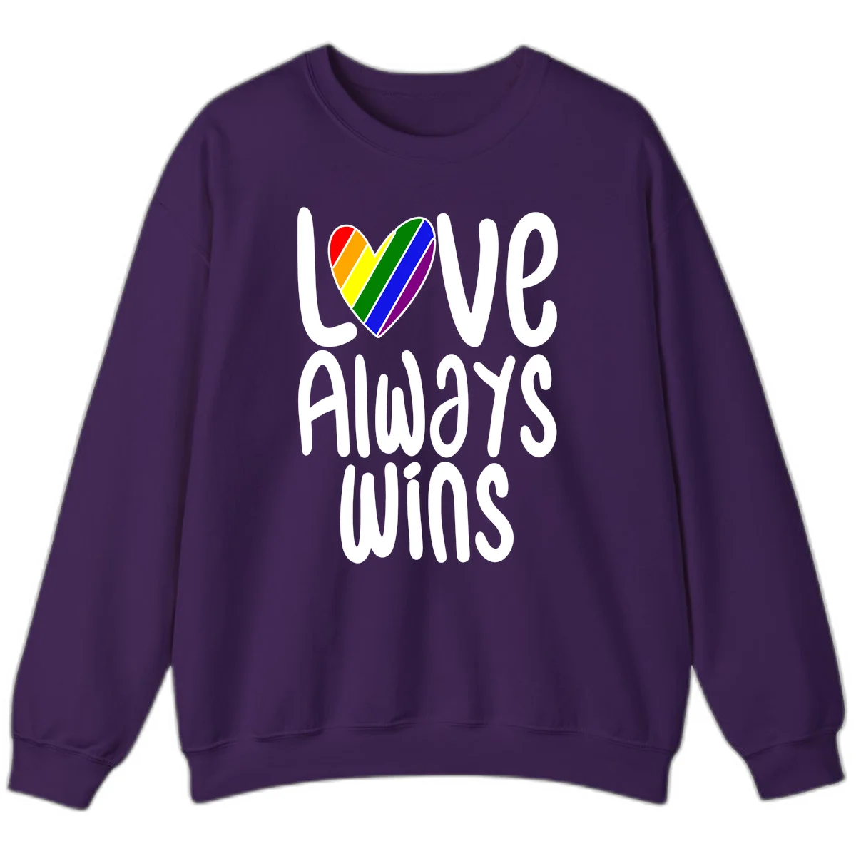 Rainbow striped heart with 'Love Always Wins' text - pride-themed design celebrating equality and LGBTQ inclusion in Purple