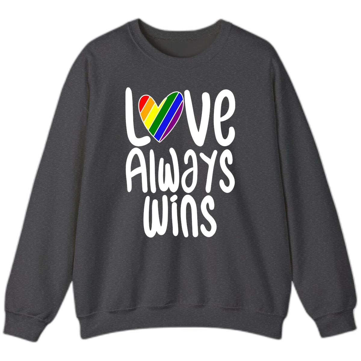 Rainbow striped heart with 'Love Always Wins' text - pride-themed design celebrating equality and LGBTQ inclusion in Dark Heather