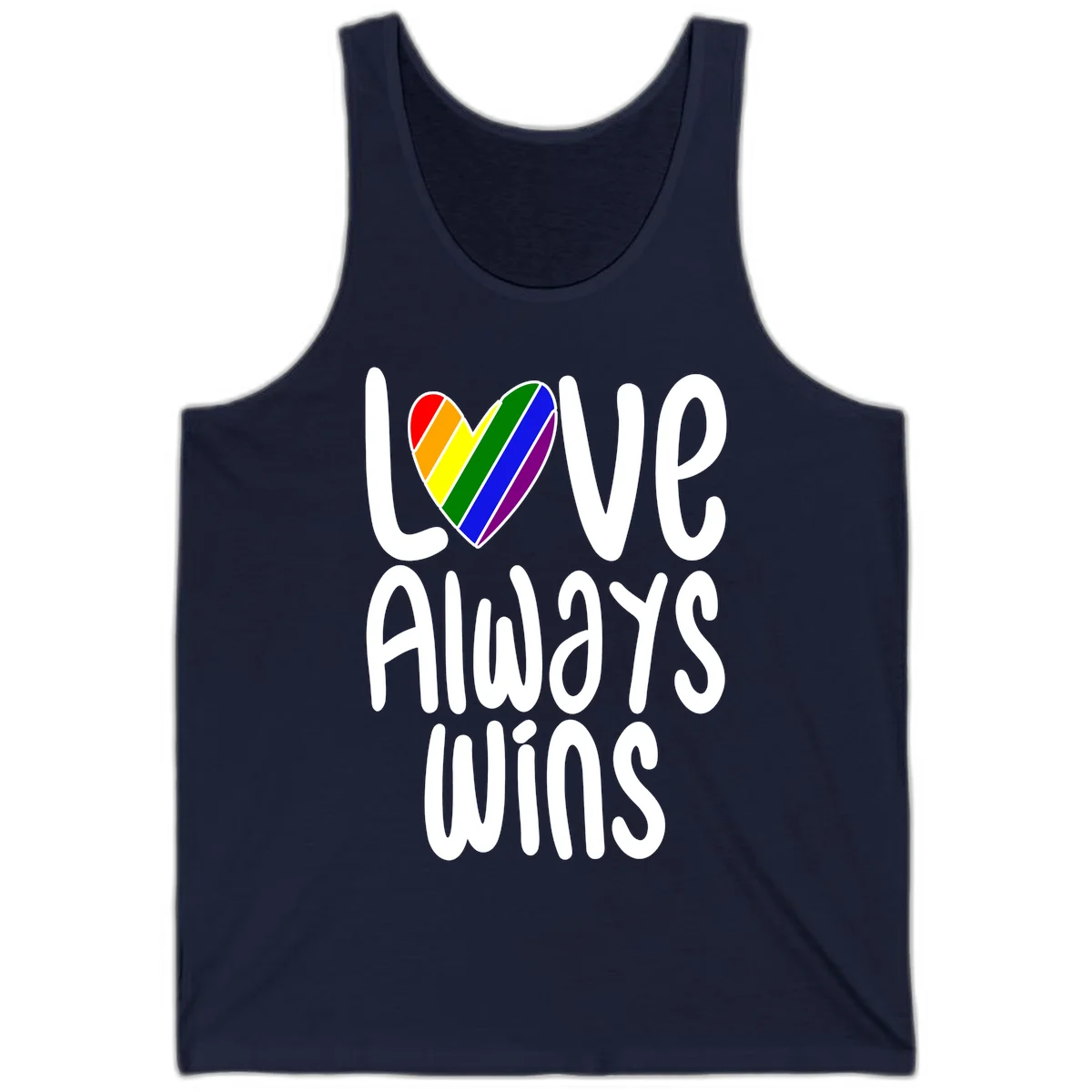 Rainbow striped heart with 'Love Always Wins' text - pride-themed design celebrating equality and LGBTQ inclusion in Navy